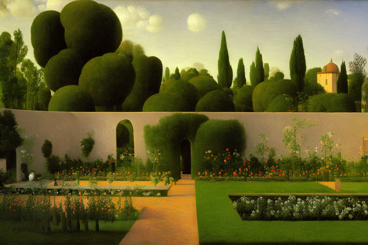 Symmetrical Italian garden oil painting at dusk