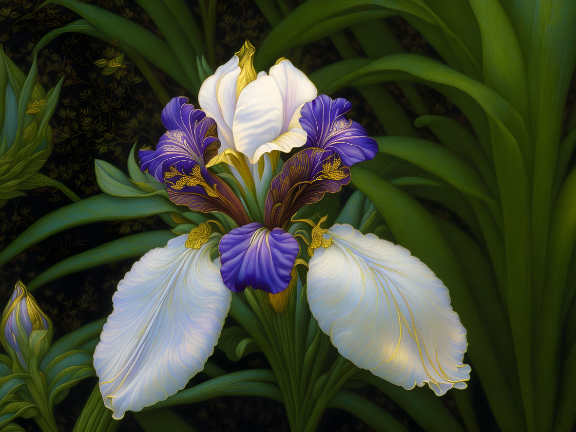 Colorful digital iris flower illustration on dark leafy backdrop