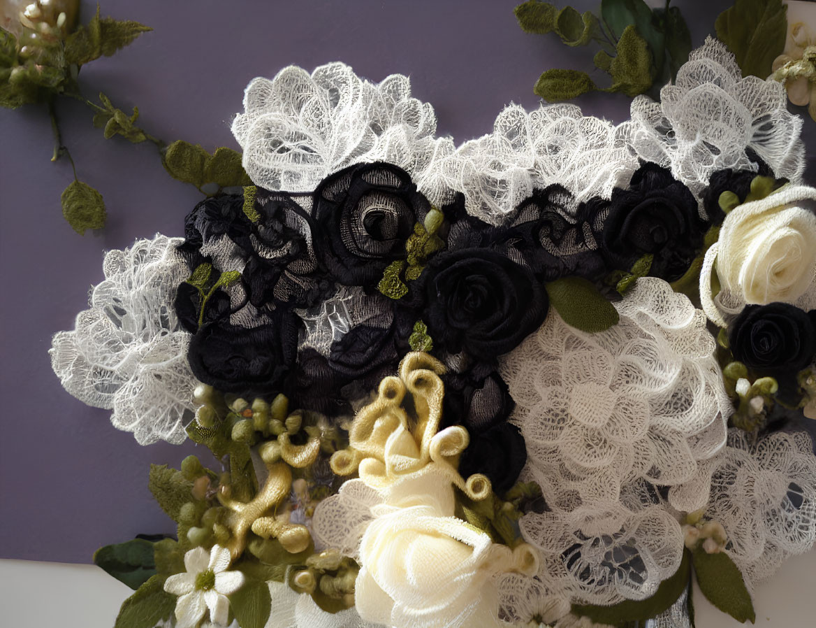 Floral lace fabric with black and white flowers on purple background