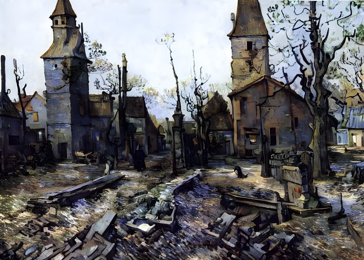Dilapidated village scene with broken structures and leafless trees