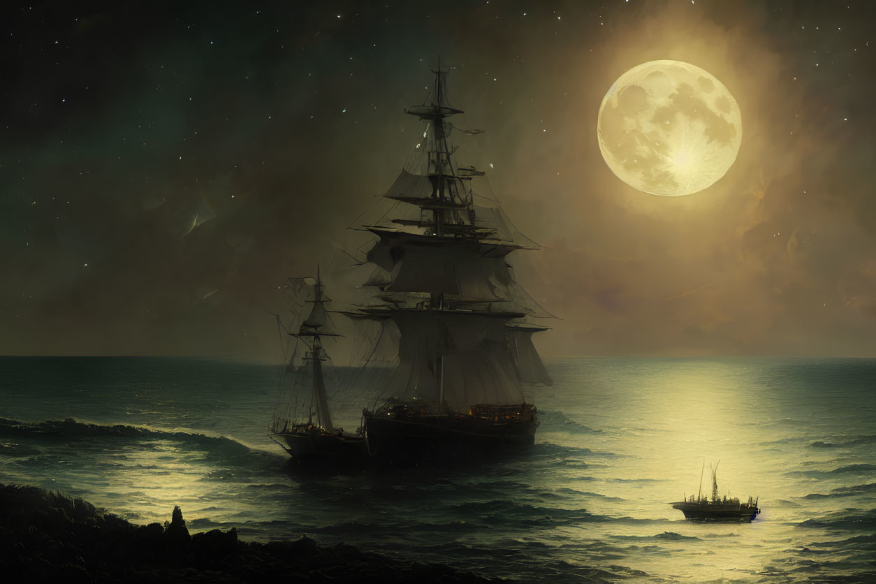 Full Moon Nighttime Seascape with Sailing Ships and Stars