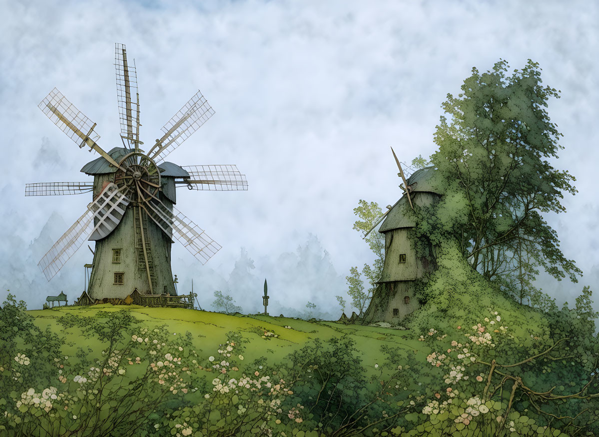 Rustic windmills in serene countryside with greenery and wildflowers