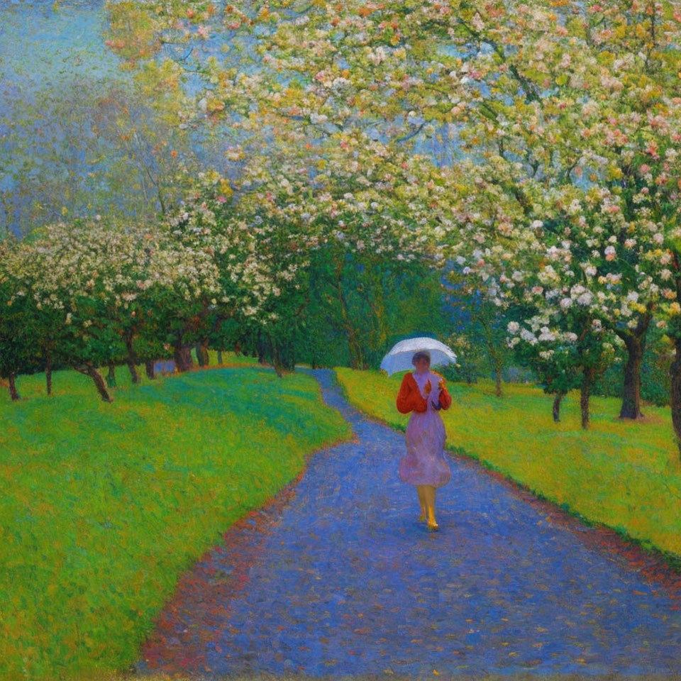 Woman with parasol strolling down tree-lined pathway in impressionist style