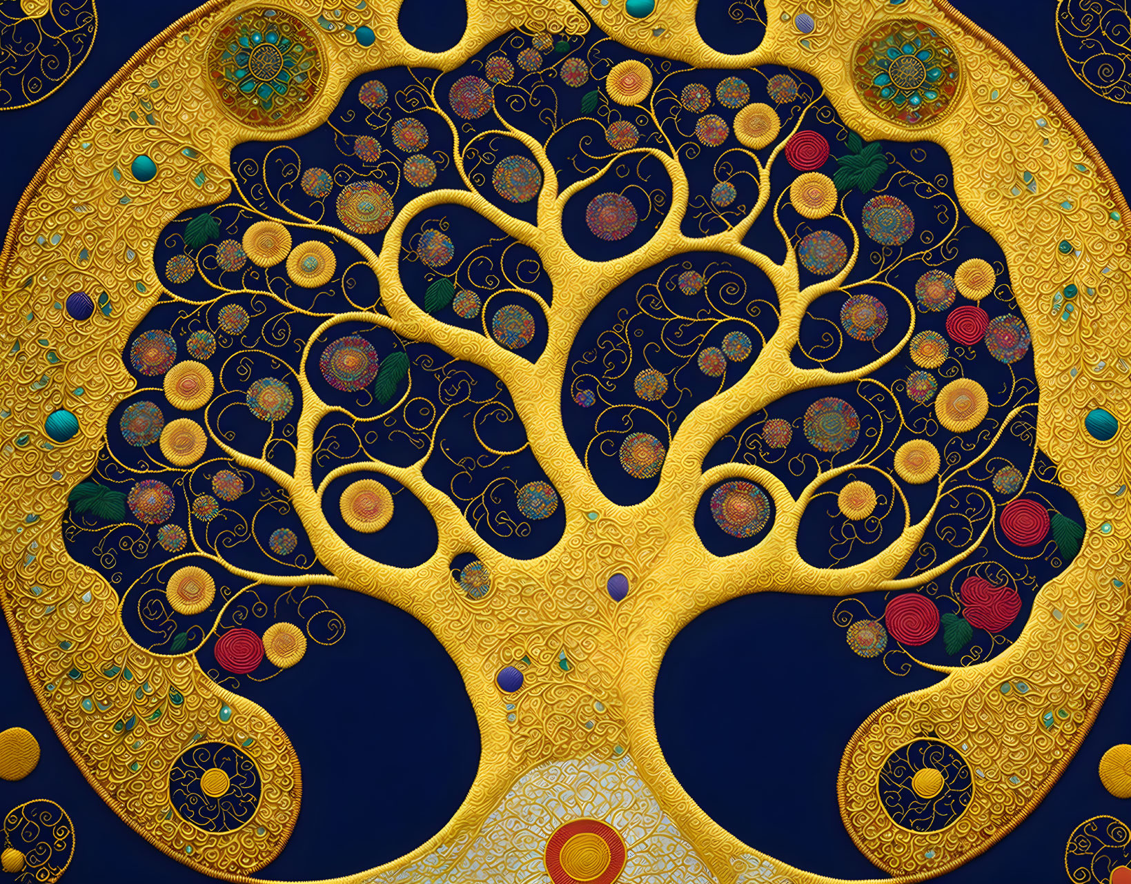 Golden ornate tree with circular motifs on deep blue background