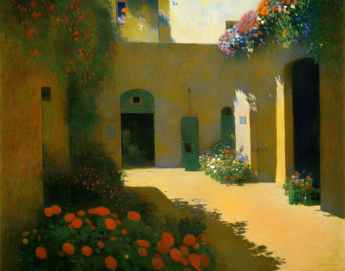 Tranquil courtyard with blooming flowers and greenery against golden-yellow walls
