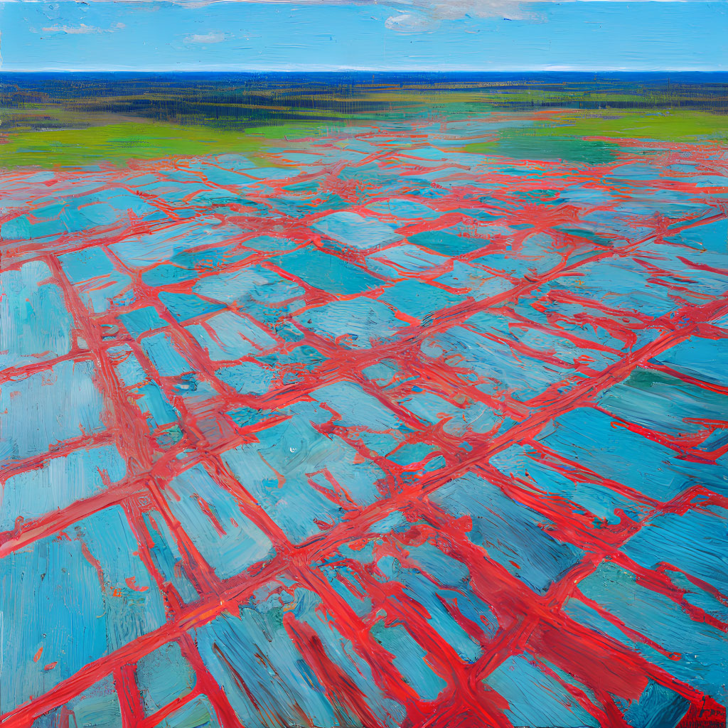 Grid pattern of red lines intersecting over blue patches in abstract painting