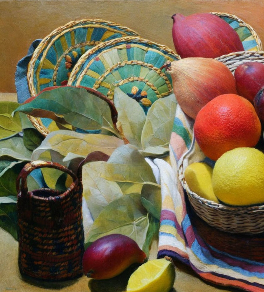 Still Life Oil Painting with Fruit Baskets and Citrus on Textured Background