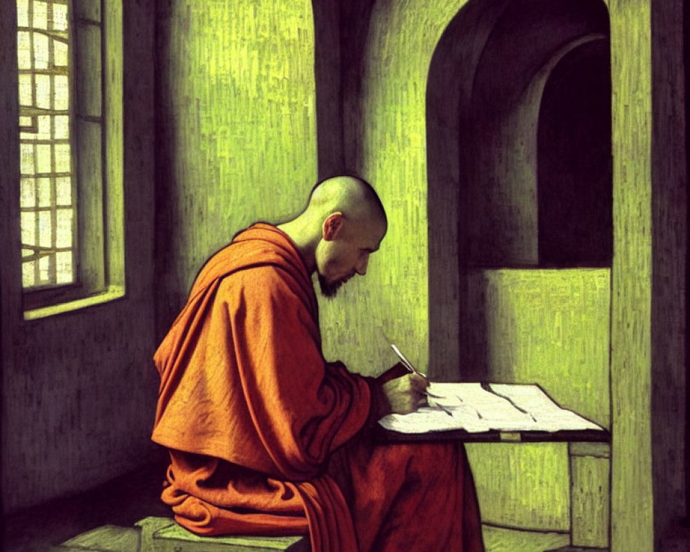 Monk writing at desk in tranquil stone alcove