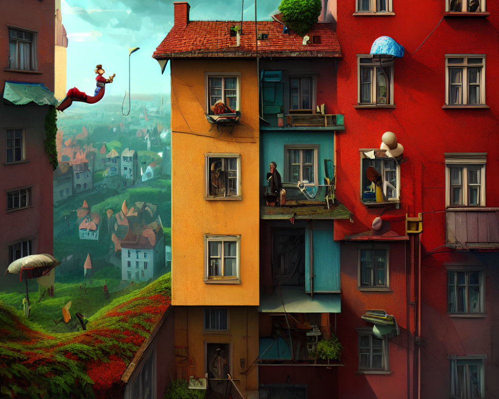 Vibrant multi-level building artwork with surreal elements and diverse activities