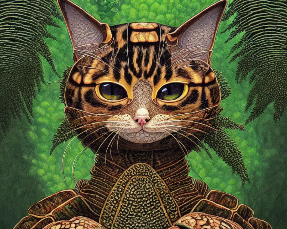 Digital Artwork: Cat with Tortoiseshell Body in Green Foliage