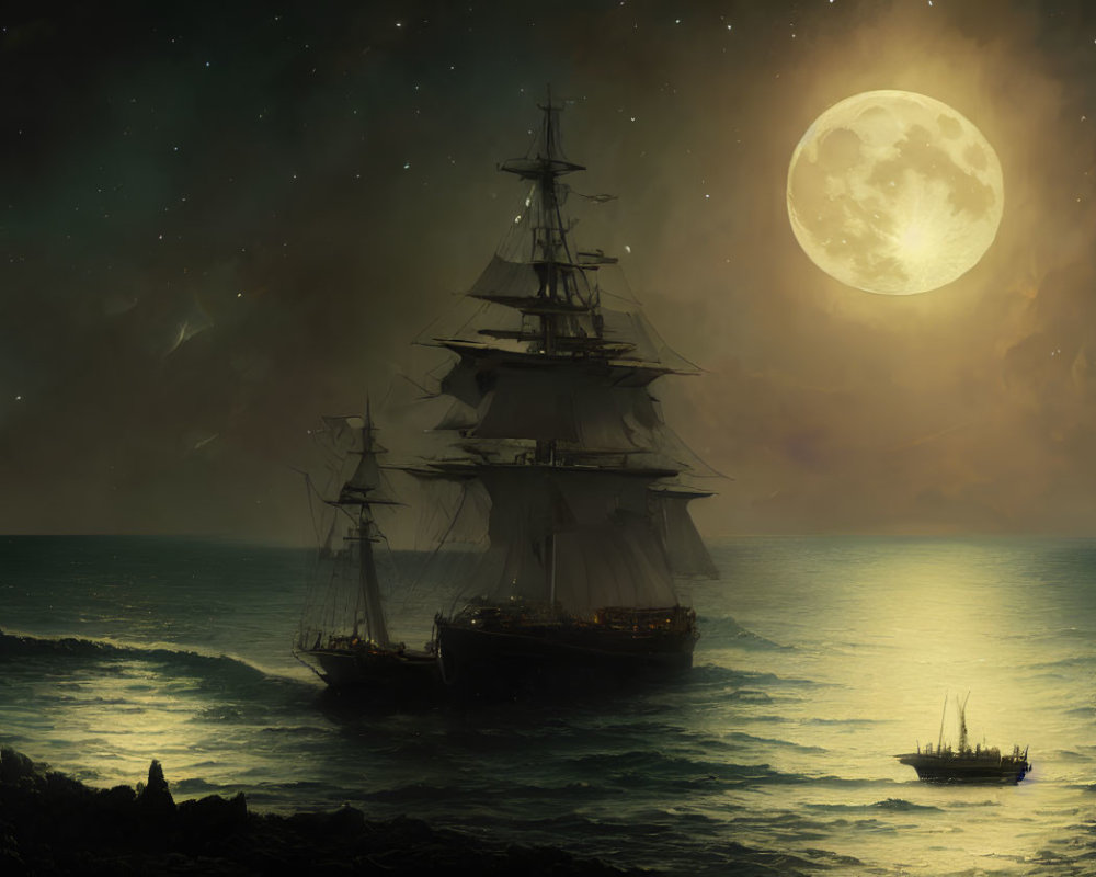Full Moon Nighttime Seascape with Sailing Ships and Stars