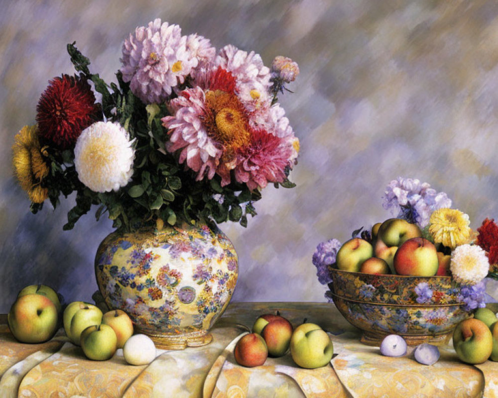 Vibrant bouquet of flowers with fruits in patterned vase and bowl