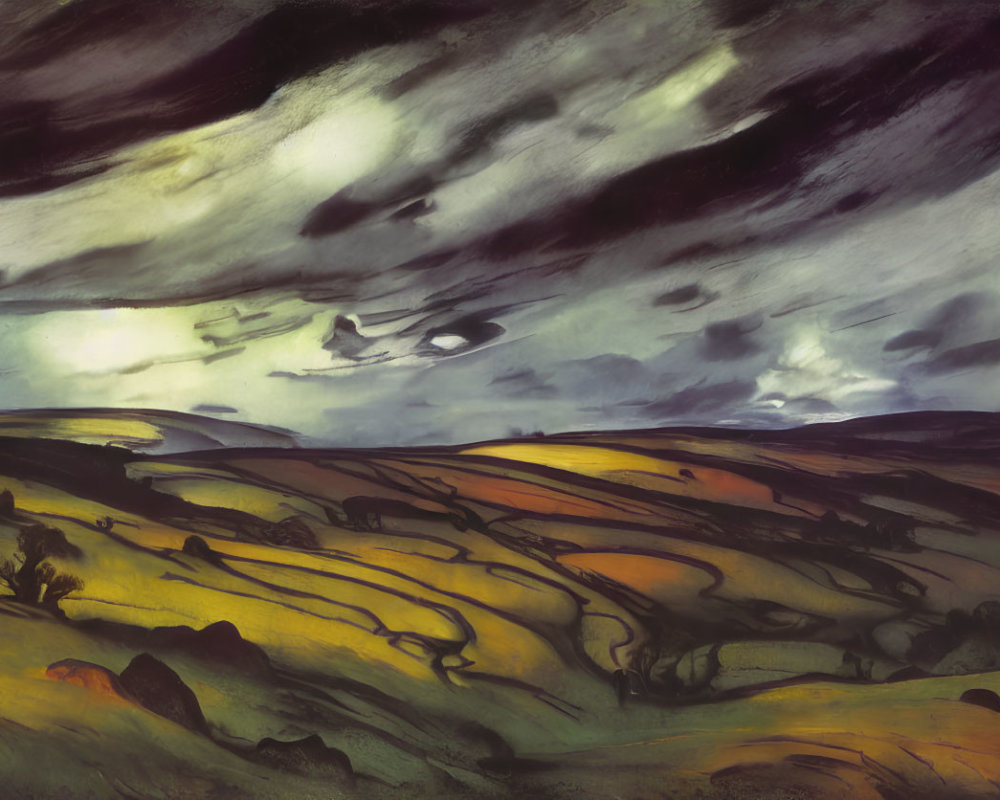 Dramatic landscape painting: rolling hills under stormy sky