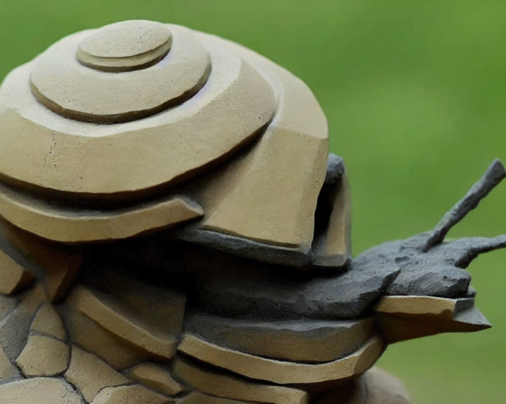 Textured beige and gray statue with circular layered design on head resembling turtle shell