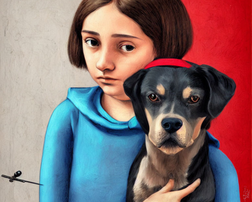 Young girl in blue hoodie holding dog with dragonfly illustration
