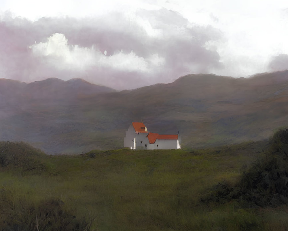 Tranquil landscape with white house and red roof nestled in grassy hills