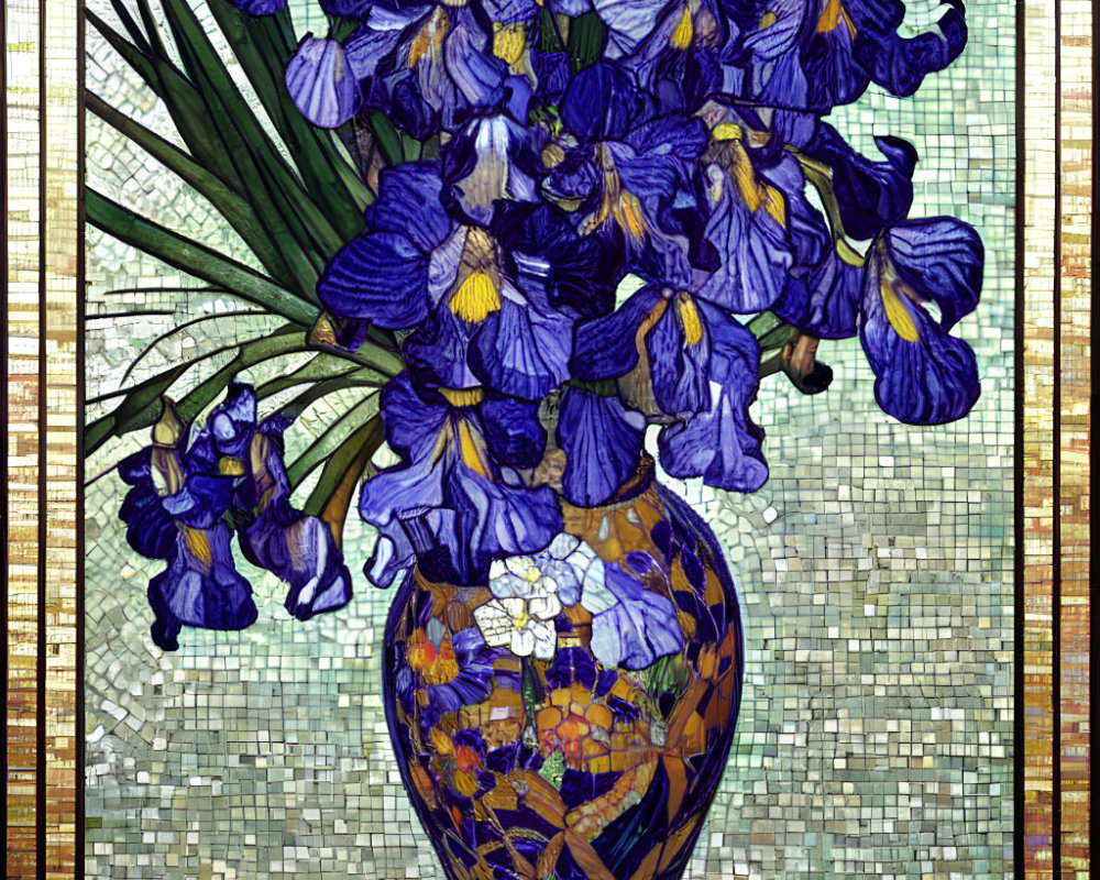 Colorful Stained Glass Mosaic of Blue-Purple Irises in Vase