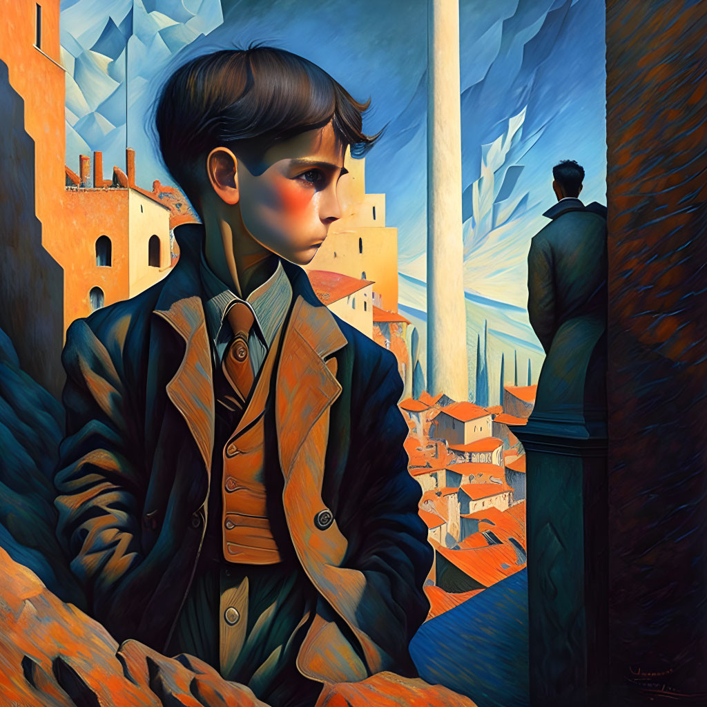Illustration of young boy in coat with surreal backdrop and architectural structures