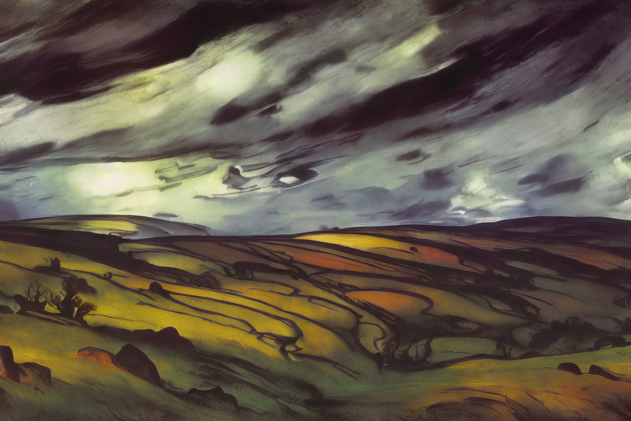 Dramatic landscape painting: rolling hills under stormy sky