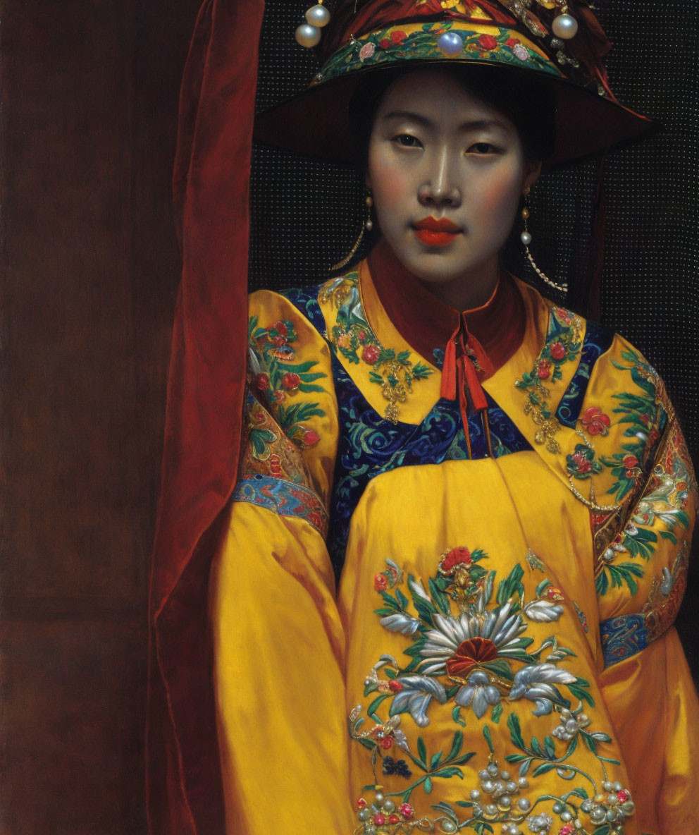 Portrait of Woman in Traditional Asian Attire with Yellow Robe, Red Headdress, and Blue Scar