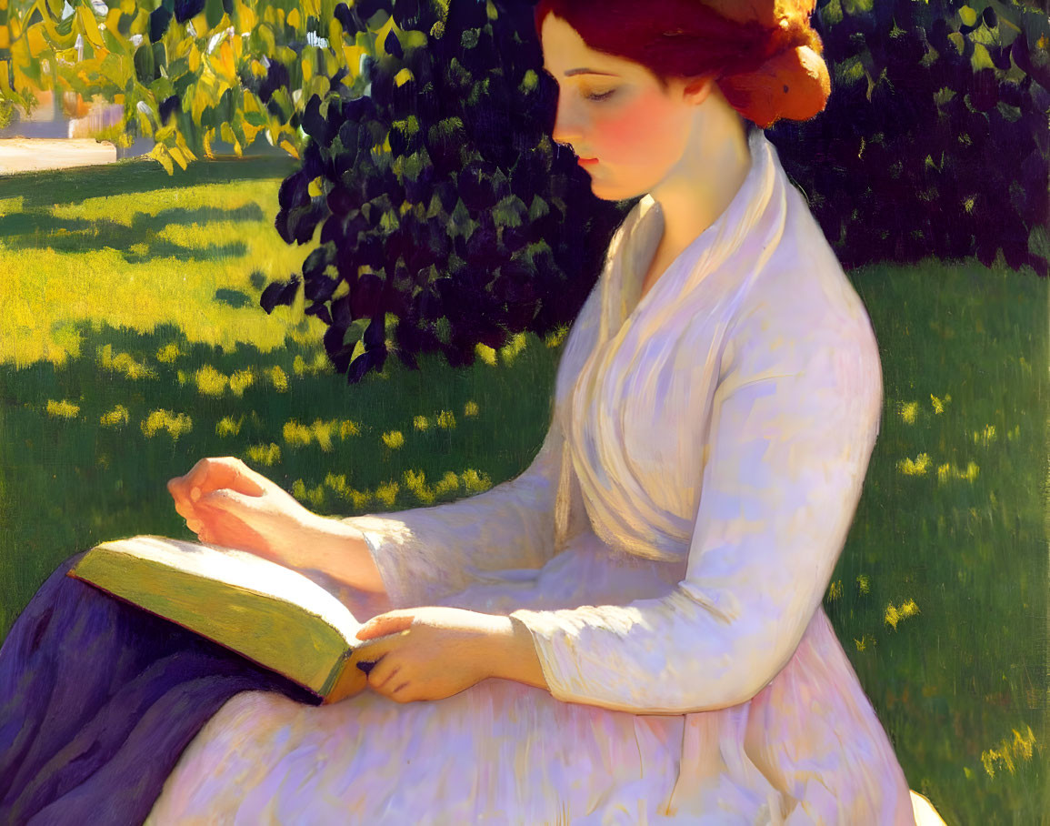 Woman with Red Hair Accessory Reading Book in Sunlit Garden