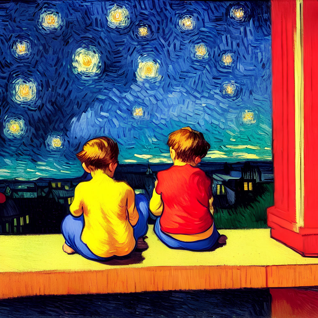 Children gazing at starry night sky with swirling pattern and red structure