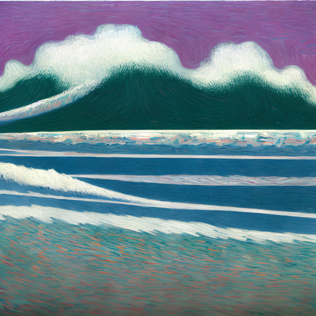 Stylized painting of green wave against purple sky