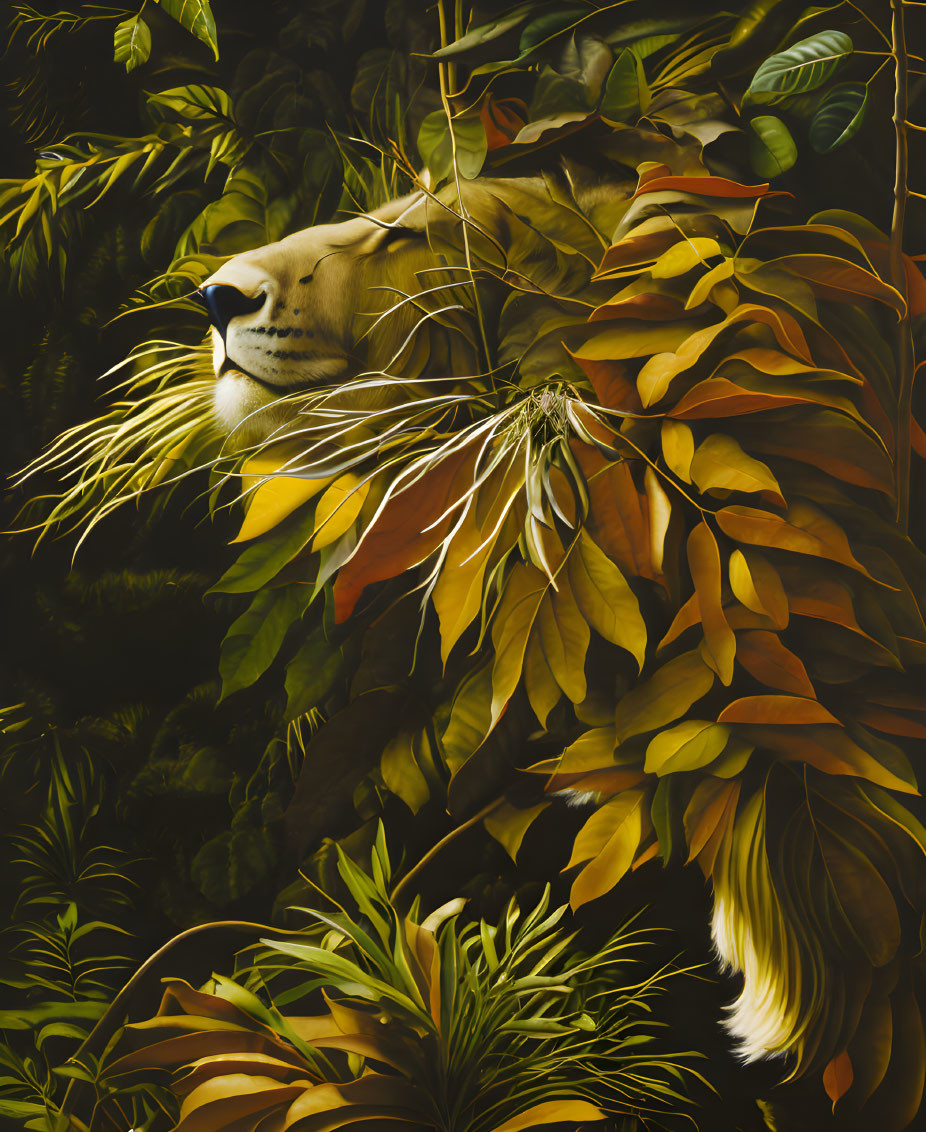 Lion blending in colorful foliage with serene expression