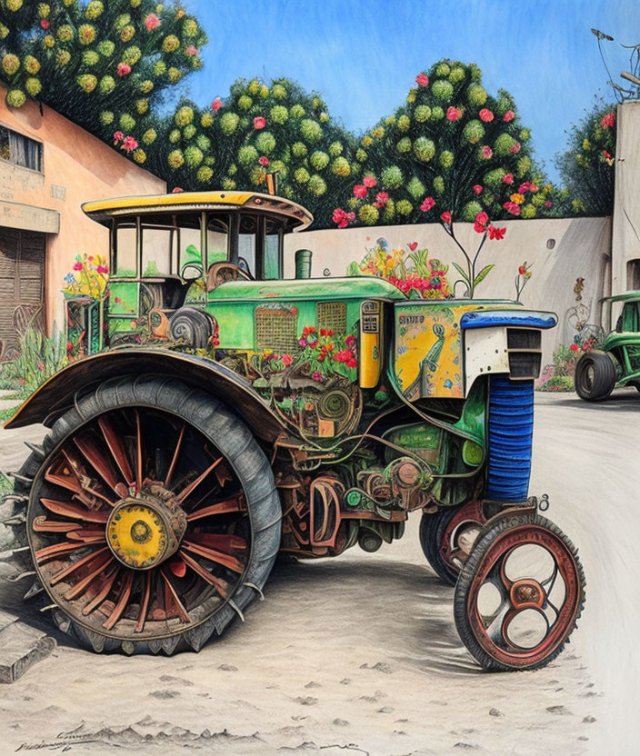 Colorful Vintage Tractor with Floral Patterns and Rural Scene