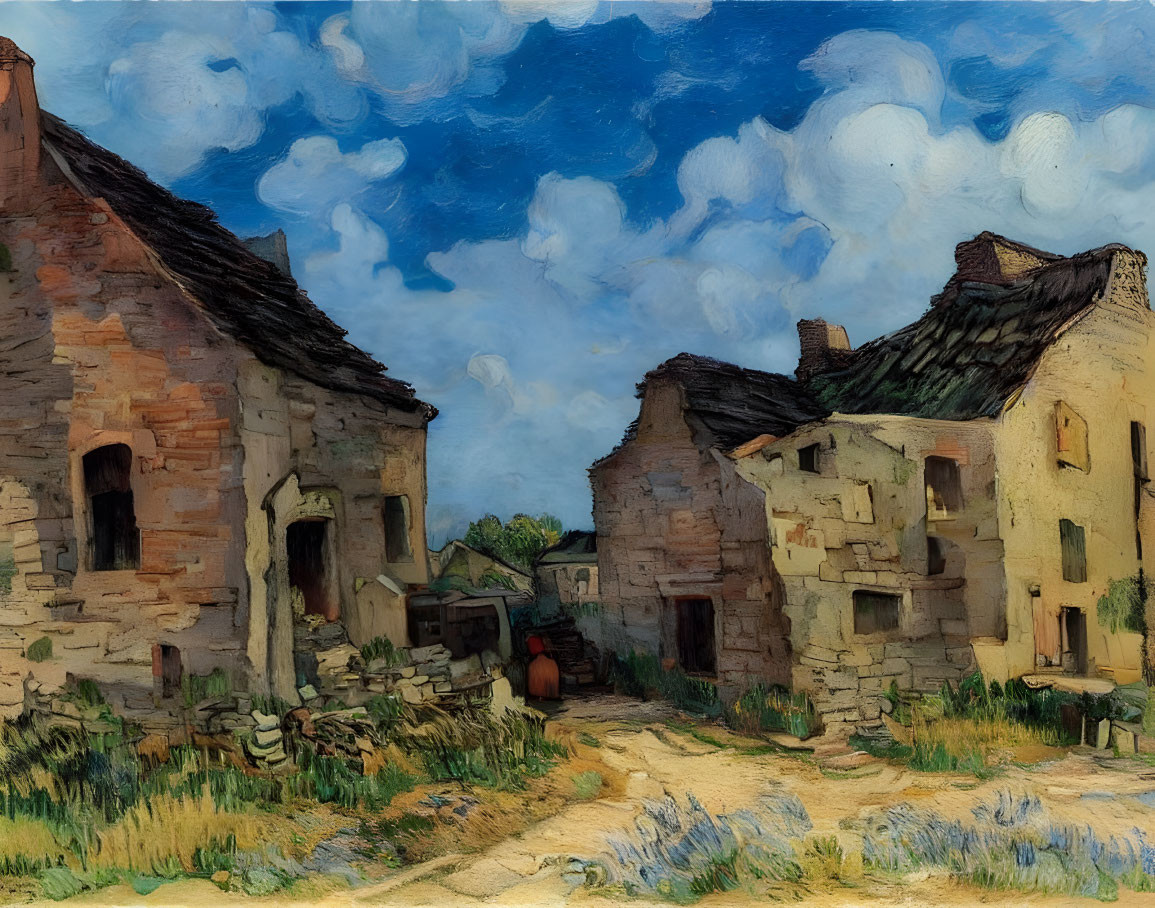 Dilapidated Stone Houses Painting with Blue Sky and Path