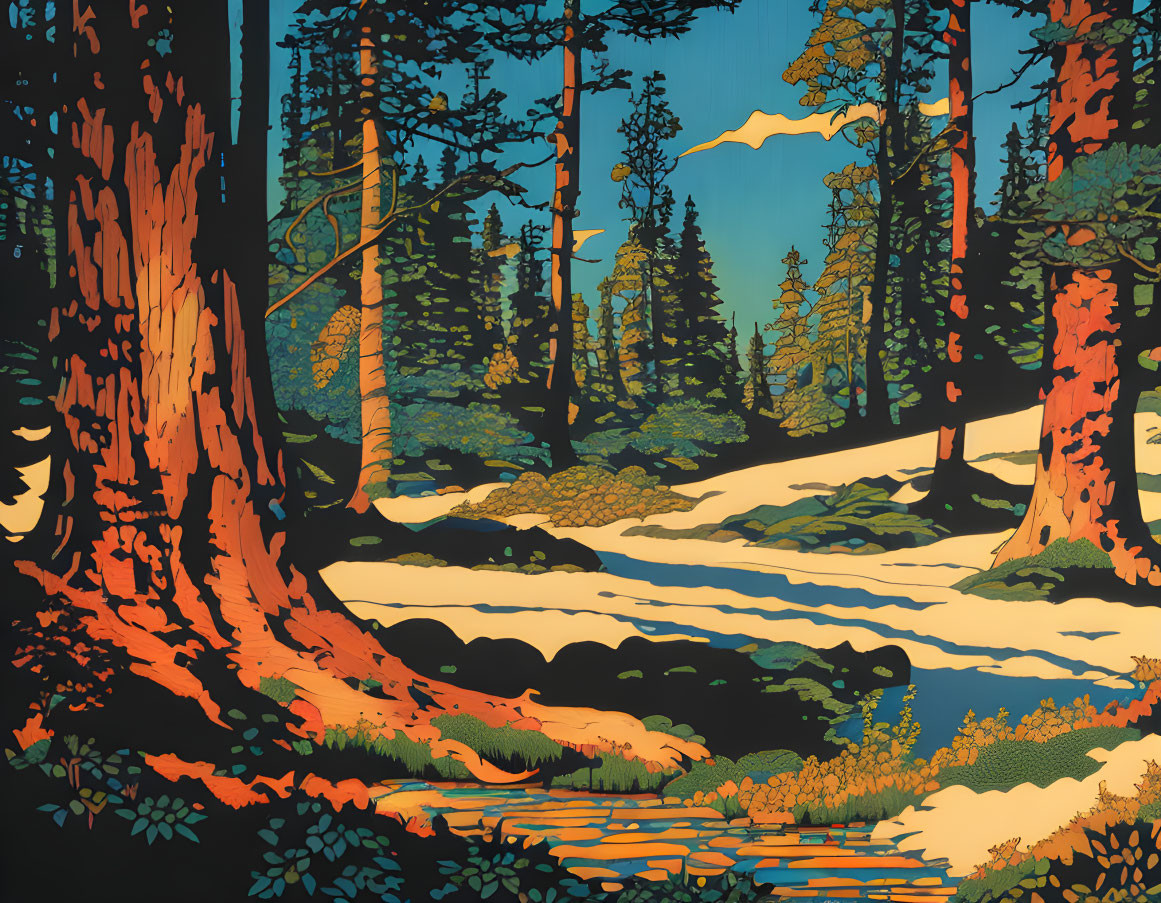 Vibrant forest illustration: towering trees, meandering river, lush foliage
