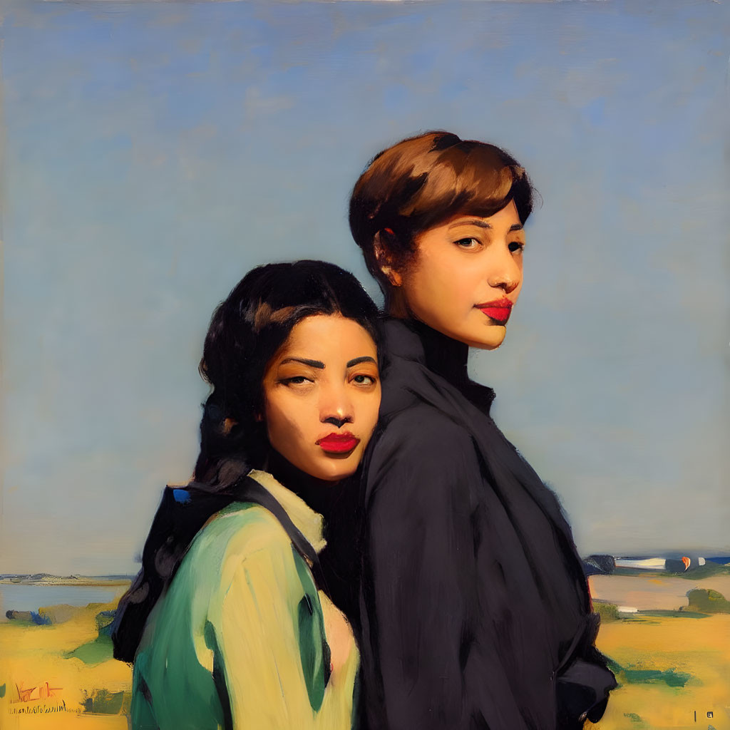 Two women standing together under soft blue sky and landscape.