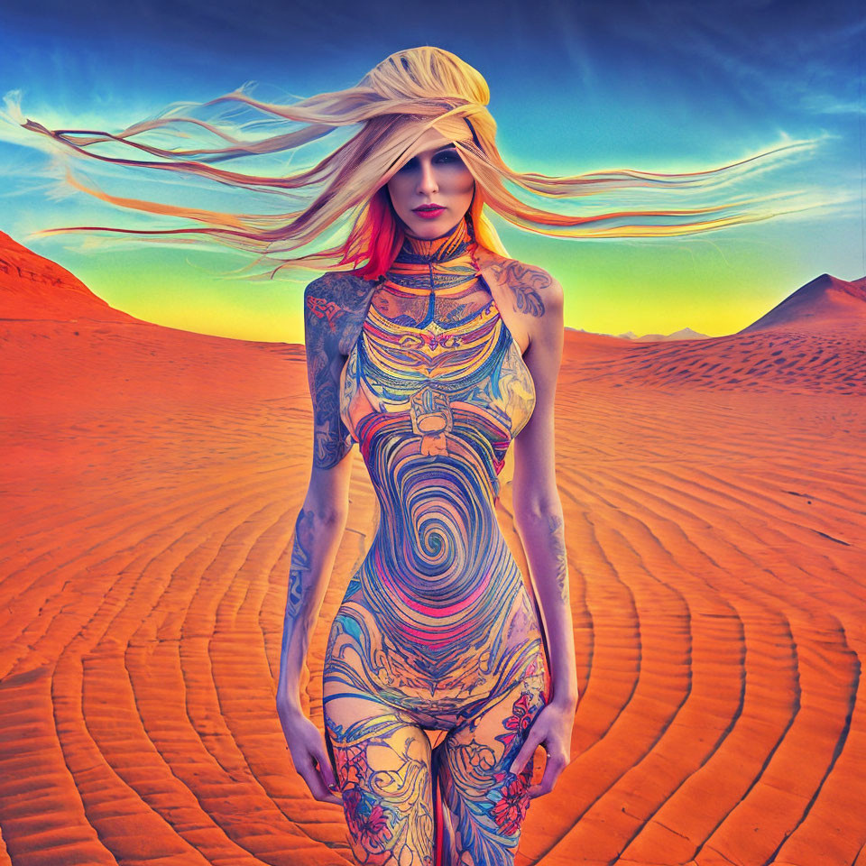 Tattooed woman with long hair in desert sunset landscape
