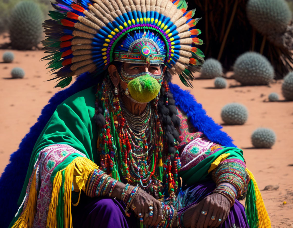 Person in Traditional Attire with Feathered Headdress and Green Mask
