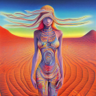 Colorful Woman in Desert Landscape with Flowing Hair