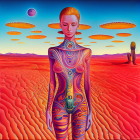 Vibrant futuristic woman with body art in desert landscape
