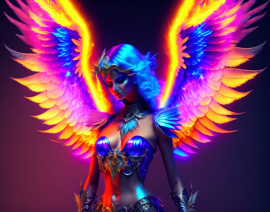 Fantastical female figure with vibrant blue hair and fiery wings.