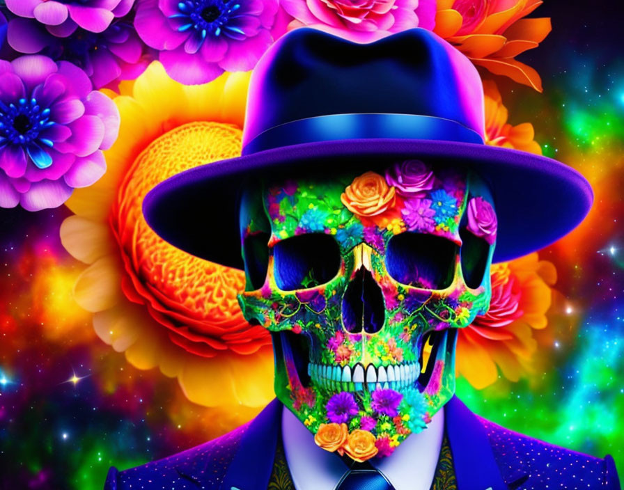 Colorful Skull with Floral Patterns and Brain Illustration in Blue Suit and Hat on Vibrant Flower Background