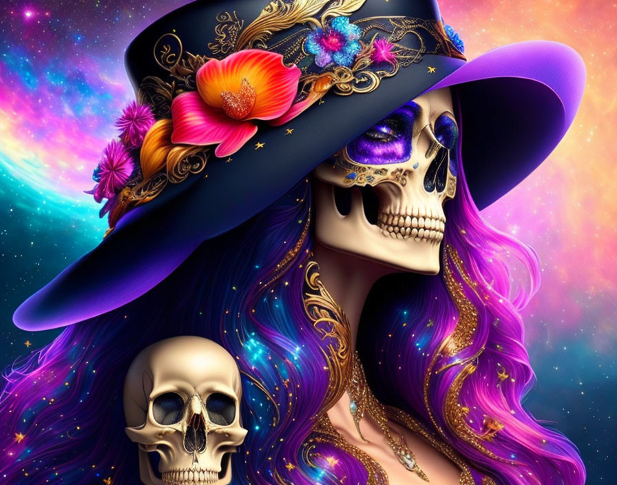 Colorful Skull Illustration with Purple Hair and Floral Hat on Cosmic Background