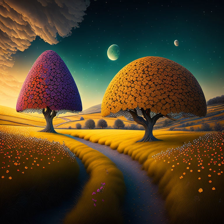 Colorful Landscape with Two Trees, Moons, and Golden Fields