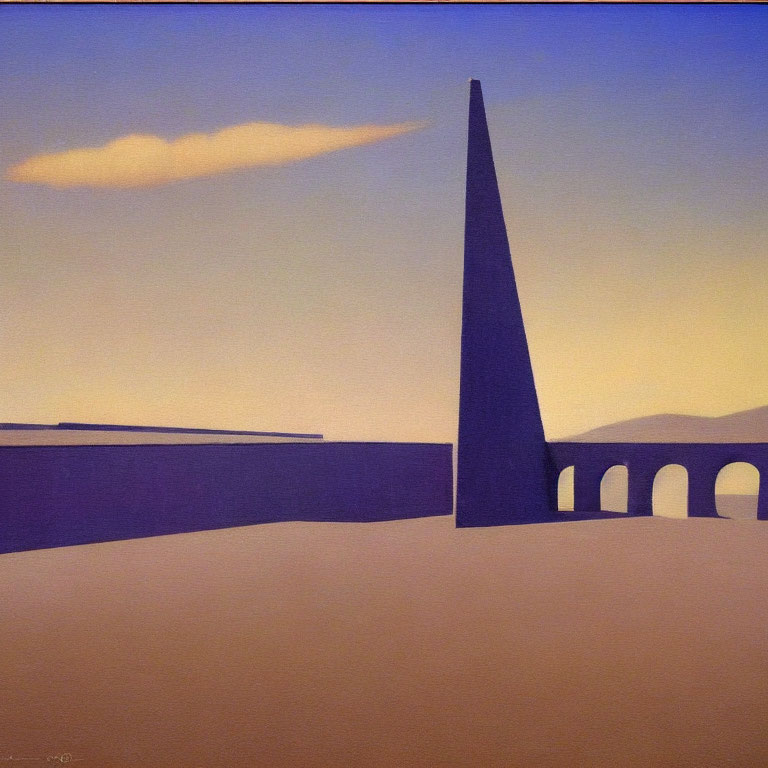 Minimalist landscape painting with triangular structure, arched bridge, and elongated cloud.