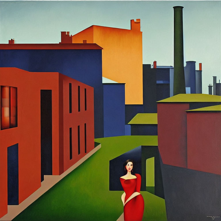 Vibrant painting of woman in red dress with geometric buildings and industrial chimneys