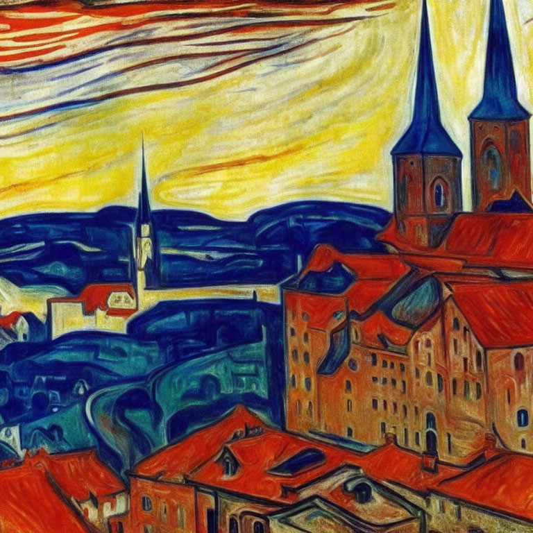 Colorful expressionist painting of swirling sky and distorted town view