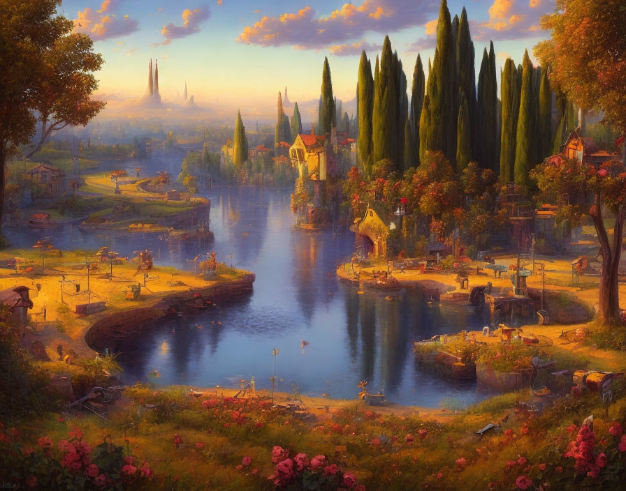 Tranquil fantasy landscape with river, trees, houses, and spires at sunset