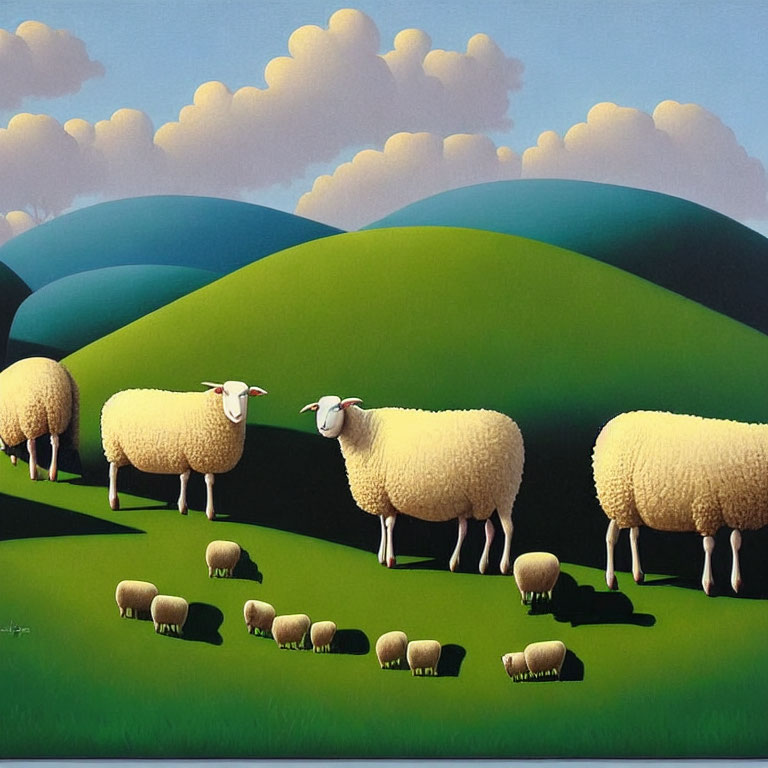 Fluffy sheep on vibrant green hills under puffy clouds