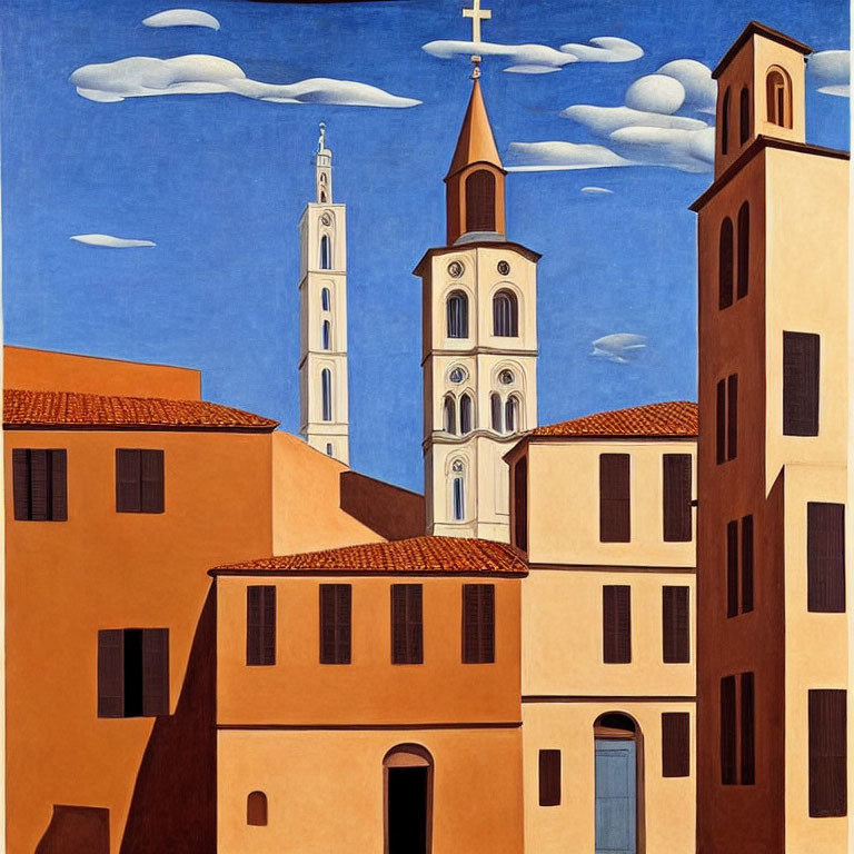 Stylized Mediterranean town painting with church towers and terracotta-roofed buildings