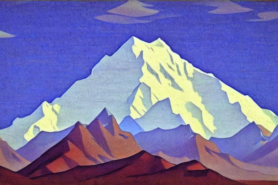 Stylized mountain painting with snowy peaks and purple hills