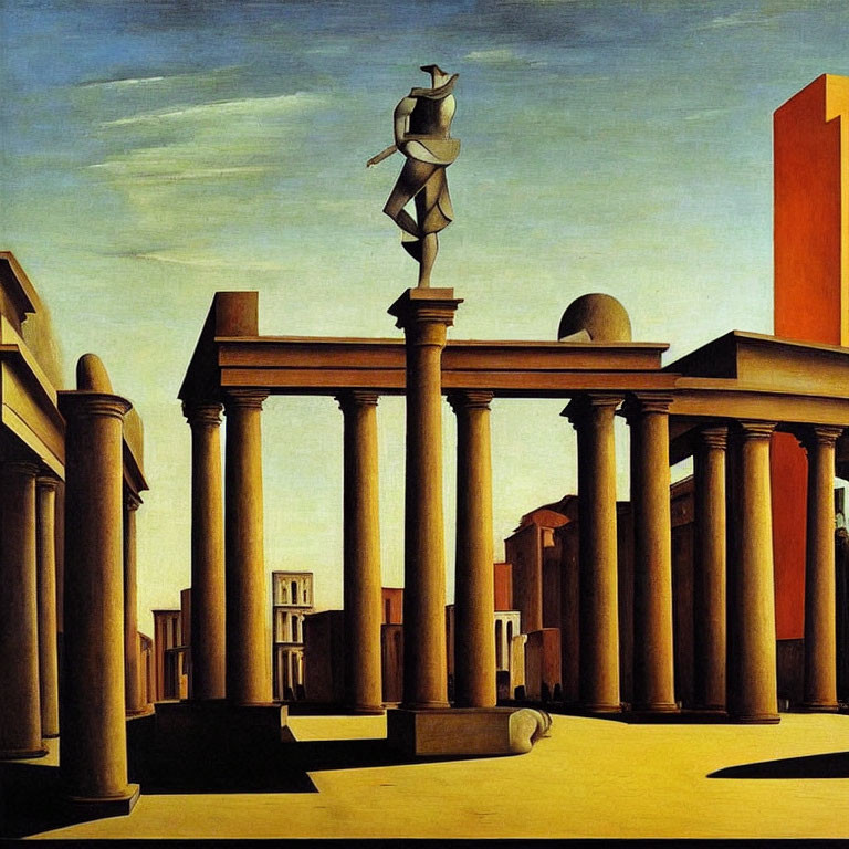 Surreal painting with classical columns, humanoid statue, geometric buildings, and long shadow under clear blue