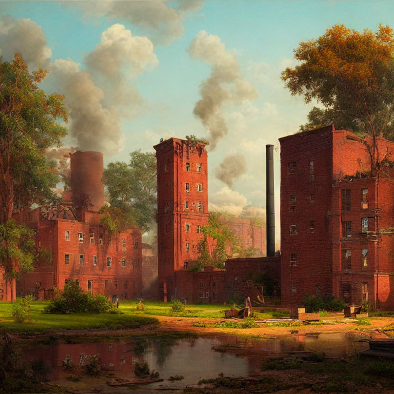 Industrial brick buildings with smokestacks and tranquil pond in pastoral scene