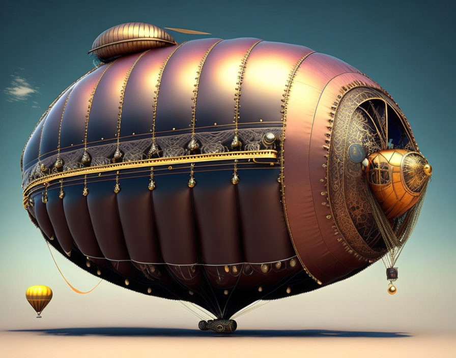 Steampunk-style airship and hot air balloon in digital art